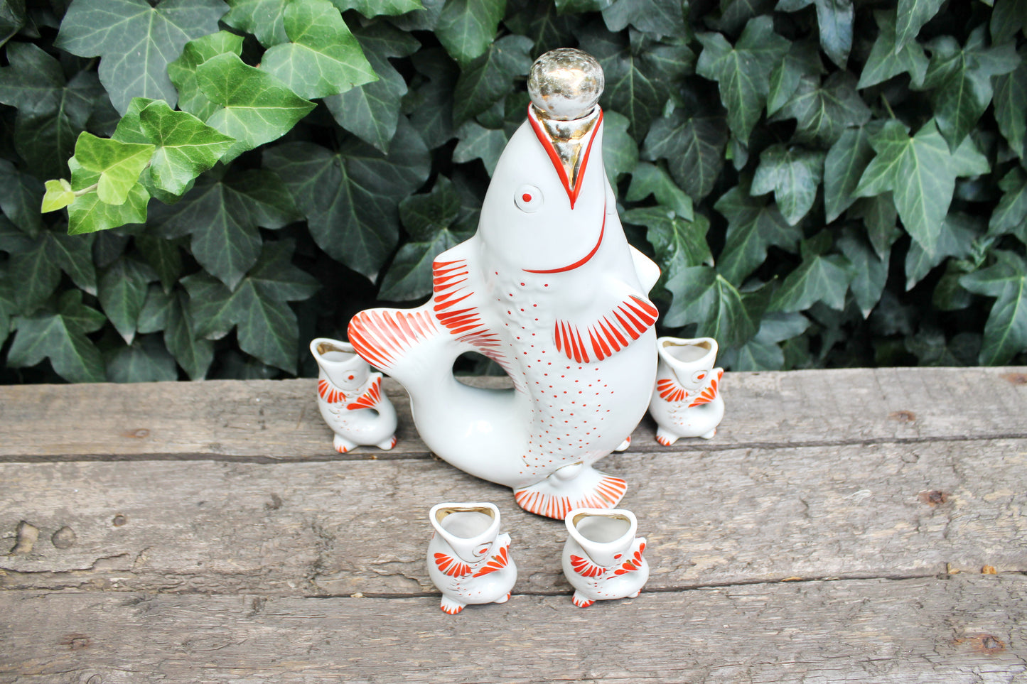 Vintage Ceramic Fish Drinking Set - The family of carp - 1970s - from Ukraine / Soviet Union / USSR