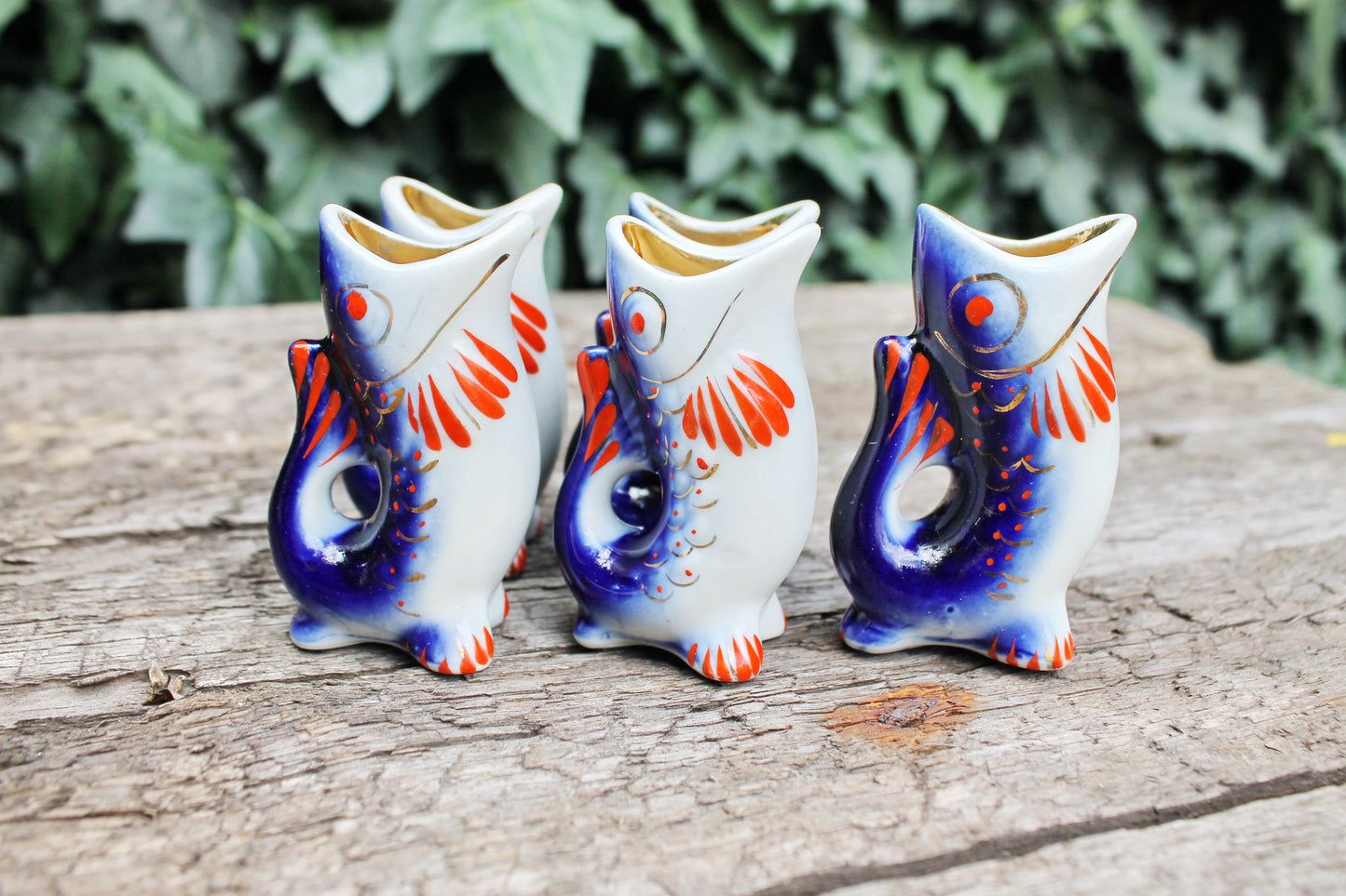 Vintage Ceramic Drinking Set of 5 small fishes - The family of carp - White and Blue - 1970s - from USSR / Soviet Union / Soviet Ukraine