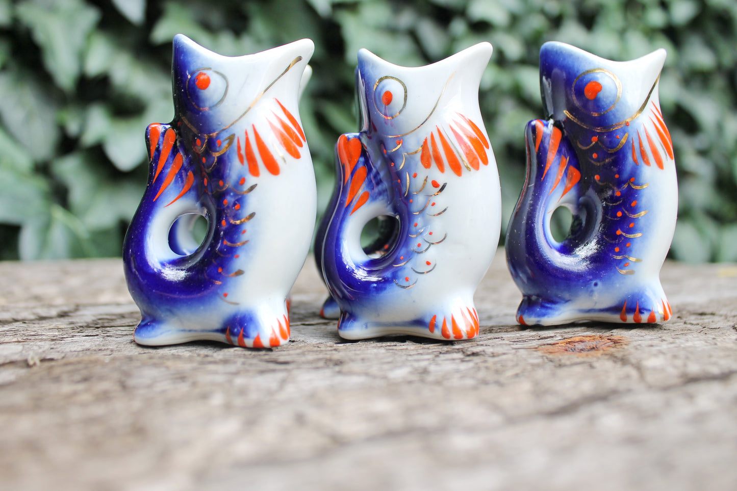 Vintage Ceramic Drinking Set of 5 small fishes - The family of carp - White and Blue - 1970s - from USSR / Soviet Union / Soviet Ukraine