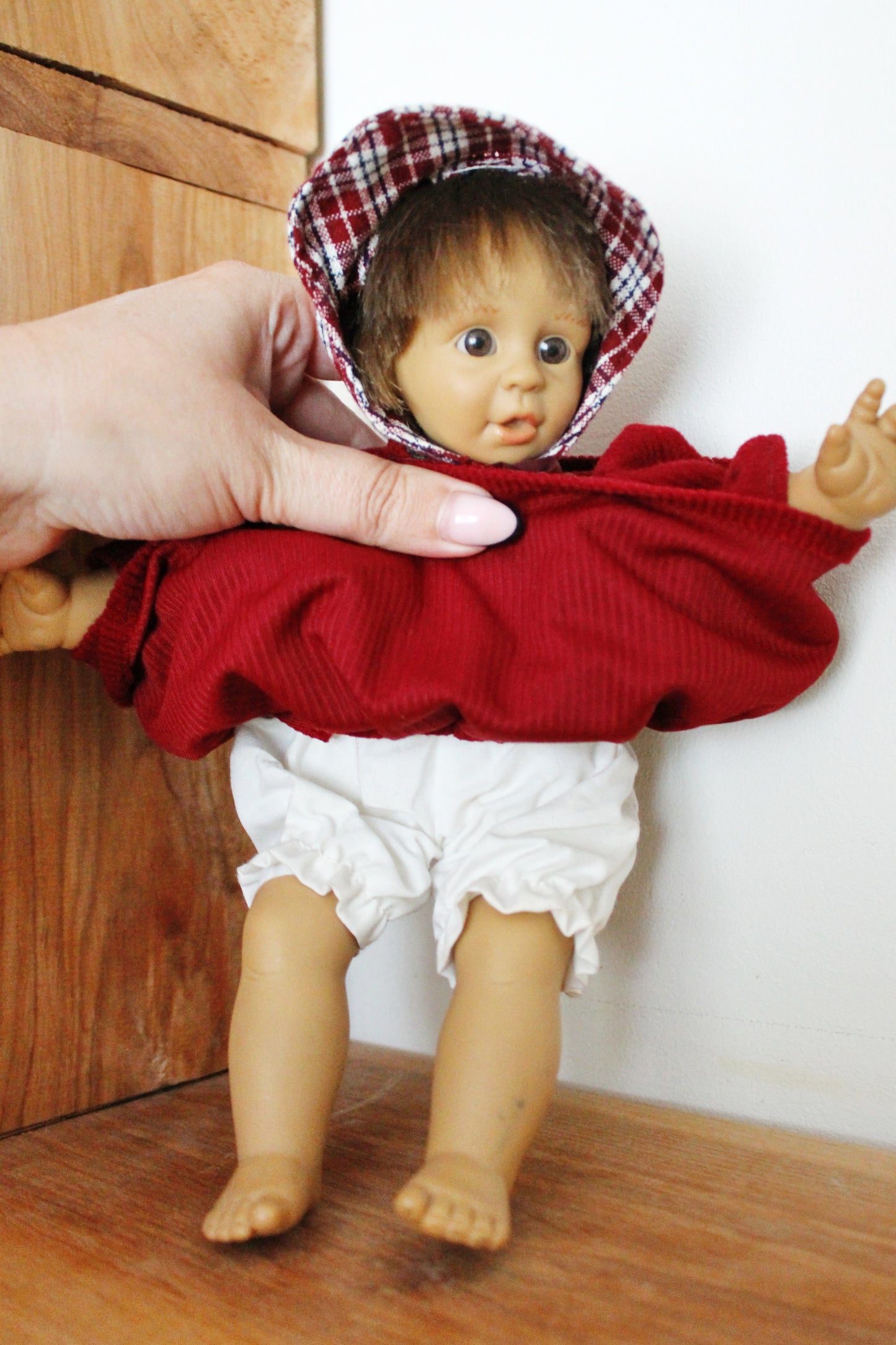 Vintage Germany small doll in bordeaux dress - 10 inches- collectible doll - 1980s