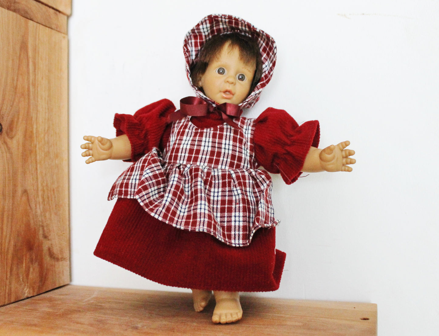 Vintage Germany small doll in bordeaux dress - 10 inches- collectible doll - 1980s