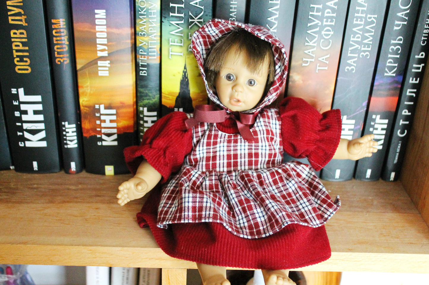 Vintage Germany small doll in bordeaux dress - 10 inches- collectible doll - 1980s