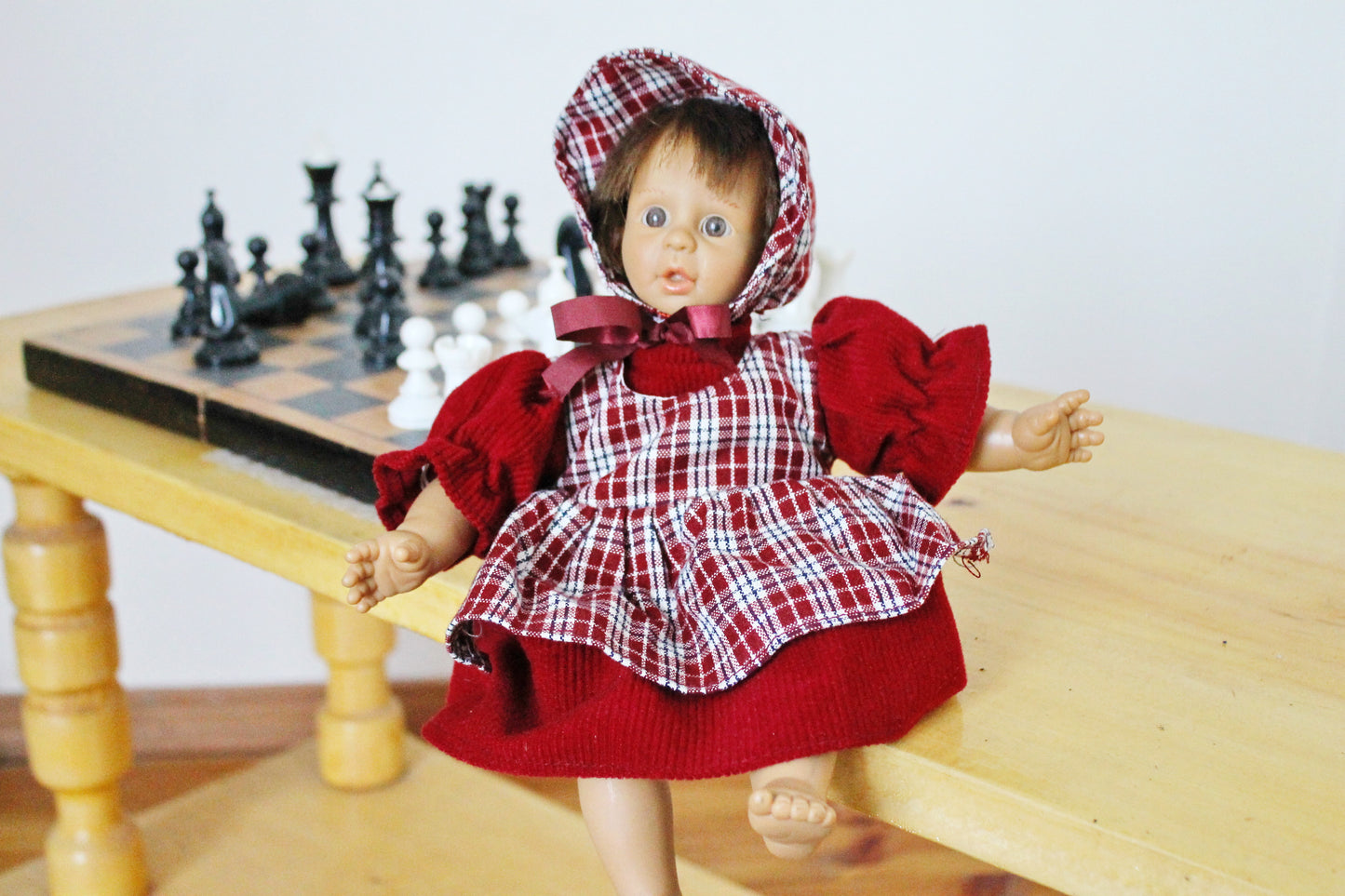 Vintage Germany small doll in bordeaux dress - 10 inches- collectible doll - 1980s