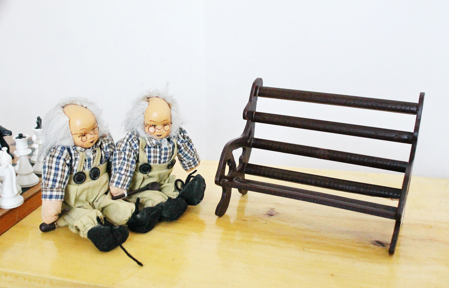 Two old men with hammers on a bench - vintage handmade Germany dolls - 1980s