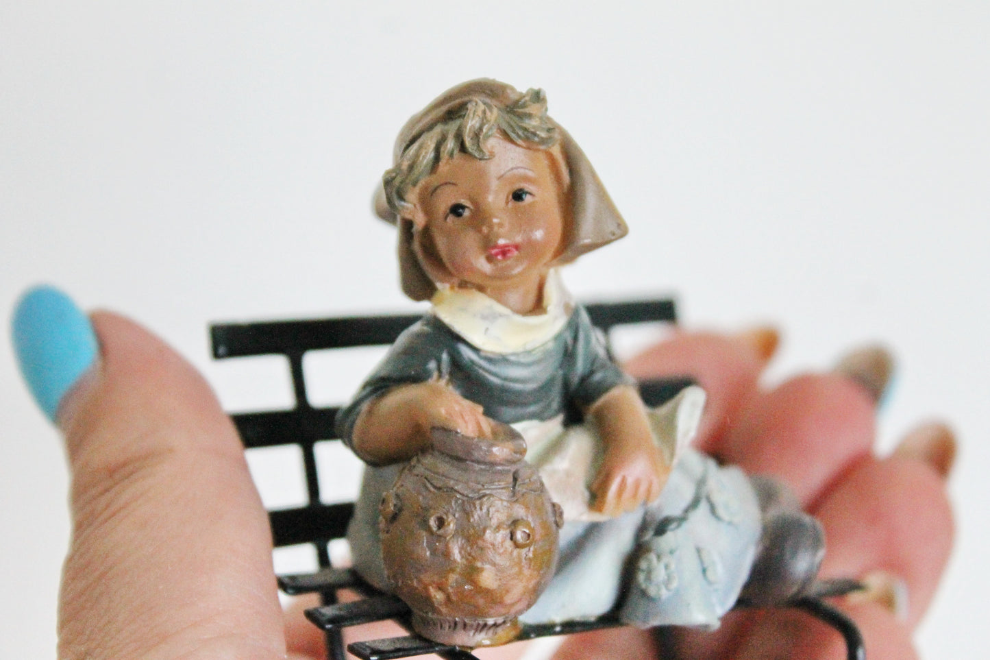 Vintage solid clay small figurine - A girl on a bench - 3 inches - Germany statue - vintage Germany clay vintage figurine - 1980s