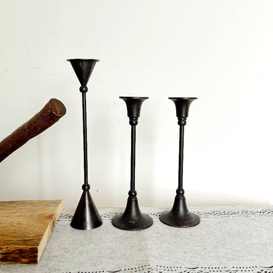 Set of 3 Vintage Metal Candle Holders – Mid Century Modern Black Iron Candlesticks, German Home Decor, Minimalist Industrial Candle Stands