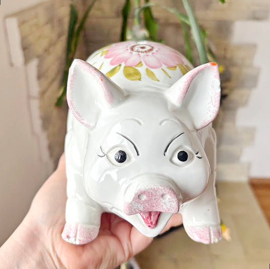 Large Vintage Piggy Bank – 1950s German Ceramic Pig, Hand-Painted Floral Design, Farmhouse Decor, Money Box 24×15 cm