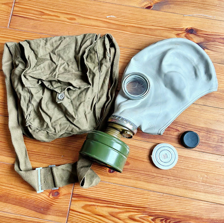 Vintage Soviet Gas Mask GP-5 with Filter and Canvas Bag - USSR Military Respirator - Retro Industrial Decor - 1970s-1980s Authentic Surplus