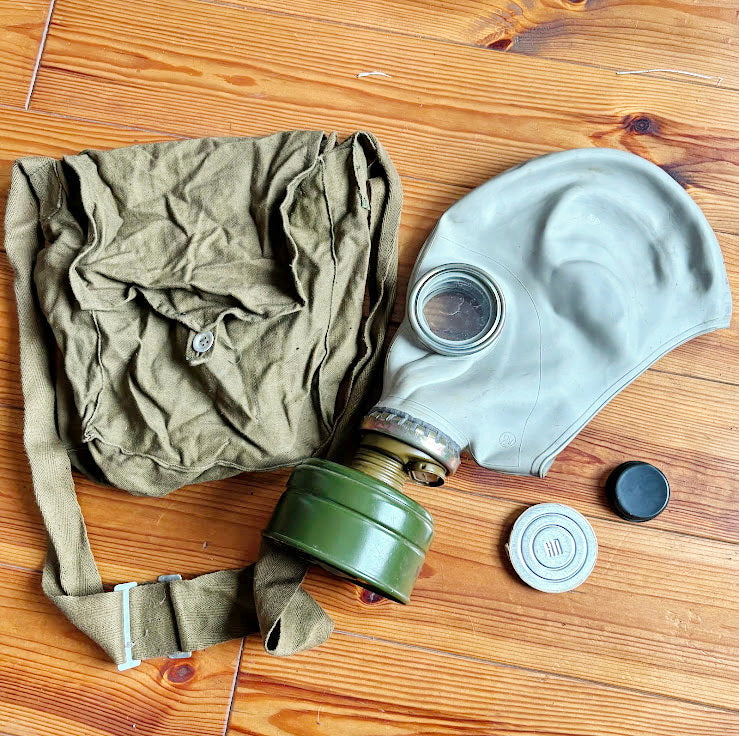 Vintage Soviet Gas Mask GP-5 with Filter and Canvas Bag - USSR Military Respirator - Retro Industrial Decor - 1970s-1980s Authentic Surplus
