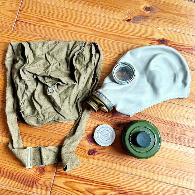 Vintage Soviet Gas Mask GP-5 with Filter and Canvas Bag - USSR Military Respirator - Retro Industrial Decor - 1970s-1980s Authentic Surplus