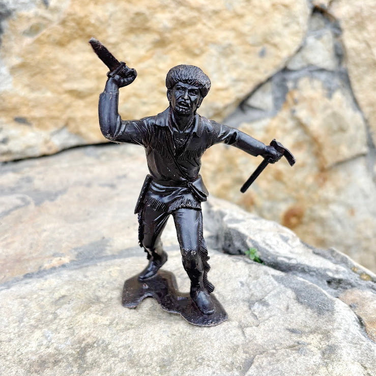 Vintage USSR Large Plastic Figurine – Hunter / Trapper with Knife and Tomahawk – Brown Soviet Toy