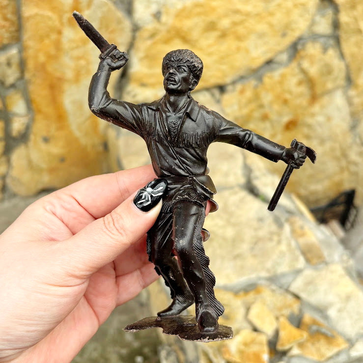 Vintage USSR Large Plastic Figurine – Hunter / Trapper with Knife and Tomahawk – Brown Soviet Toy