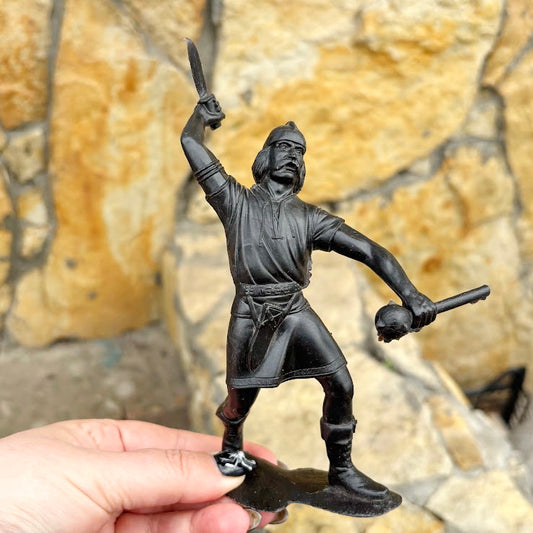 Vintage Soviet-Era Large Plastic Viking Warrior Figurine – 18 cm USSR Brown Toy Soldier