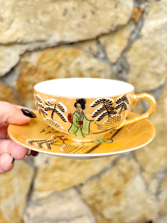 Vintage Japanese Porcelain Tea Cup and Saucer • Hand-Painted Geisha & Pine Trees • Yellow Oriental Tea Cup Set • 1950s–1970s Japan Marked • Small Cup & Saucer Set • Collectible Asian Porcelain