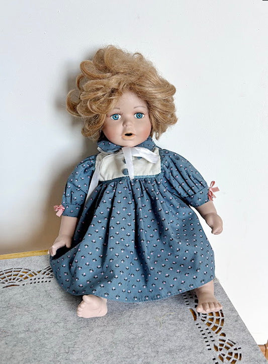 Vintage German Porcelain Doll with Bisque Head, Arms, Legs – Original Clothes and Mohair Wig – 1930s Sitting Doll – Antique Collectible