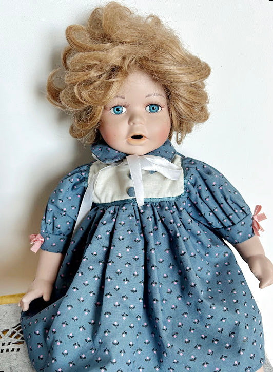 Vintage German Porcelain Doll with Bisque Head, Arms, Legs – Original Clothes and Mohair Wig – 1930s Sitting Doll – Antique Collectible