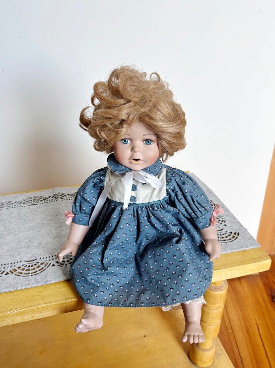 Vintage German Porcelain Doll with Bisque Head, Arms, Legs – Original Clothes and Mohair Wig – 1930s Sitting Doll – Antique Collectible