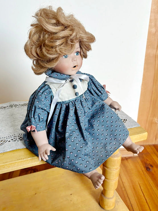 Vintage German Porcelain Doll with Bisque Head, Arms, Legs – Original Clothes and Mohair Wig – 1930s Sitting Doll – Antique Collectible
