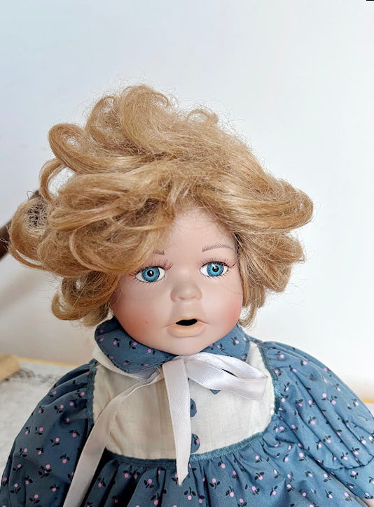 Vintage German Porcelain Doll with Bisque Head, Arms, Legs – Original Clothes and Mohair Wig – 1930s Sitting Doll – Antique Collectible