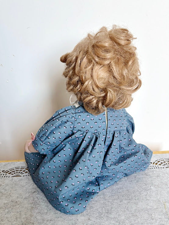 Vintage German Porcelain Doll with Bisque Head, Arms, Legs – Original Clothes and Mohair Wig – 1930s Sitting Doll – Antique Collectible