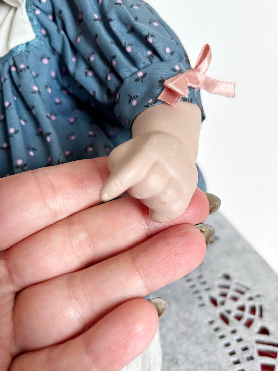 Vintage German Porcelain Doll with Bisque Head, Arms, Legs – Original Clothes and Mohair Wig – 1930s Sitting Doll – Antique Collectible