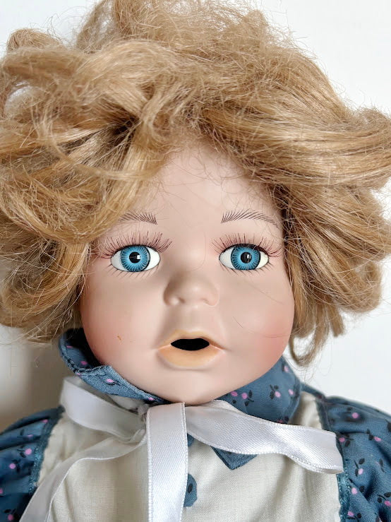 Vintage German Porcelain Doll with Bisque Head, Arms, Legs – Original Clothes and Mohair Wig – 1930s Sitting Doll – Antique Collectible