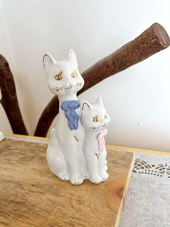 Vintage Porcelain Cat Figurine Duo - Made in Germany - White Cats with Pastel Scarves - 19 cm Ceramic Statue
