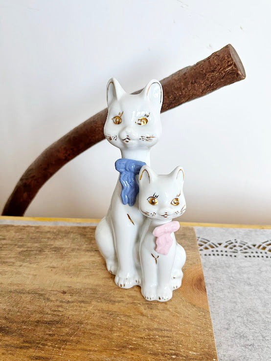 Vintage Porcelain Cat Figurine Duo - Made in Germany - White Cats with Pastel Scarves - 19 cm Ceramic Statue