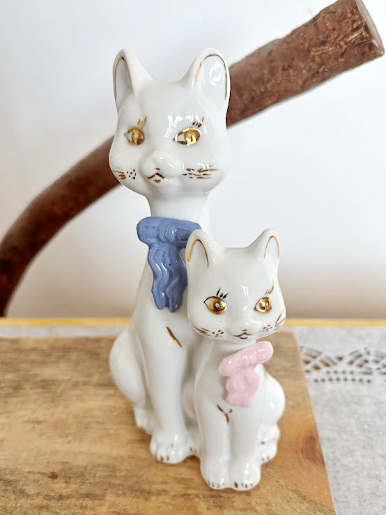 Vintage Porcelain Cat Figurine Duo - Made in Germany - White Cats with Pastel Scarves - 19 cm Ceramic Statue