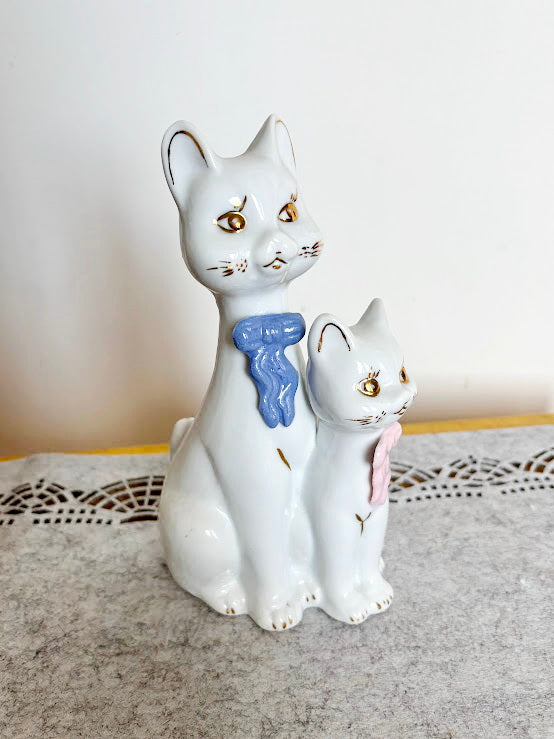 Vintage Porcelain Cat Figurine Duo - Made in Germany - White Cats with Pastel Scarves - 19 cm Ceramic Statue