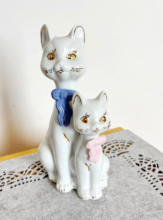 Vintage Porcelain Cat Figurine Duo - Made in Germany - White Cats with Pastel Scarves - 19 cm Ceramic Statue
