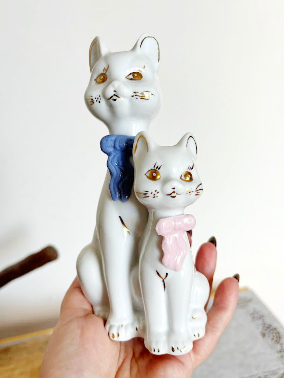 Vintage Porcelain Cat Figurine Duo - Made in Germany - White Cats with Pastel Scarves - 19 cm Ceramic Statue
