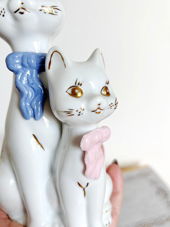 Vintage Porcelain Cat Figurine Duo - Made in Germany - White Cats with Pastel Scarves - 19 cm Ceramic Statue