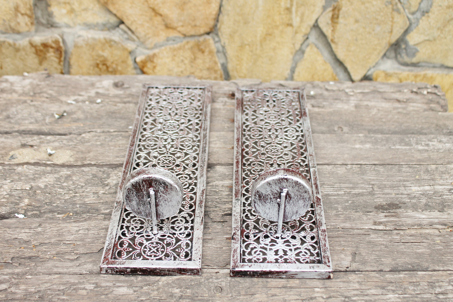 Set of two vintage shabby chick wall Candle holders with patina for tea light candles - 12 inches - Germany vintage - 1970s