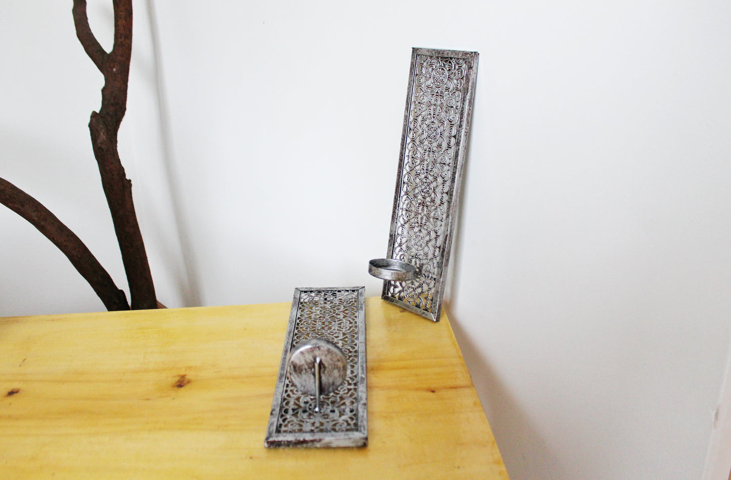 Set of two vintage shabby chick wall Candle holders with patina for tea light candles - 12 inches - Germany vintage - 1970s