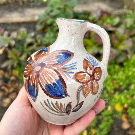 Vintage German Ceramic Pitcher Vase – Hand-Painted Floral Design – 13 cm Glazed Pottery Decor
