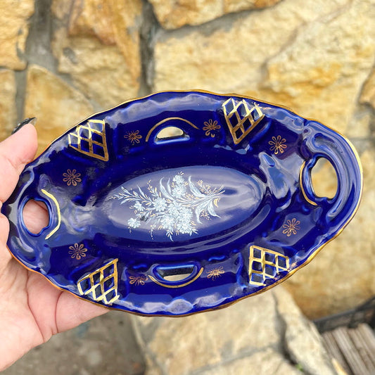 Vintage Cobalt Blue Porcelain Dish with Gold Details, Germany – Floral Handled Tray 7х4.7 inch