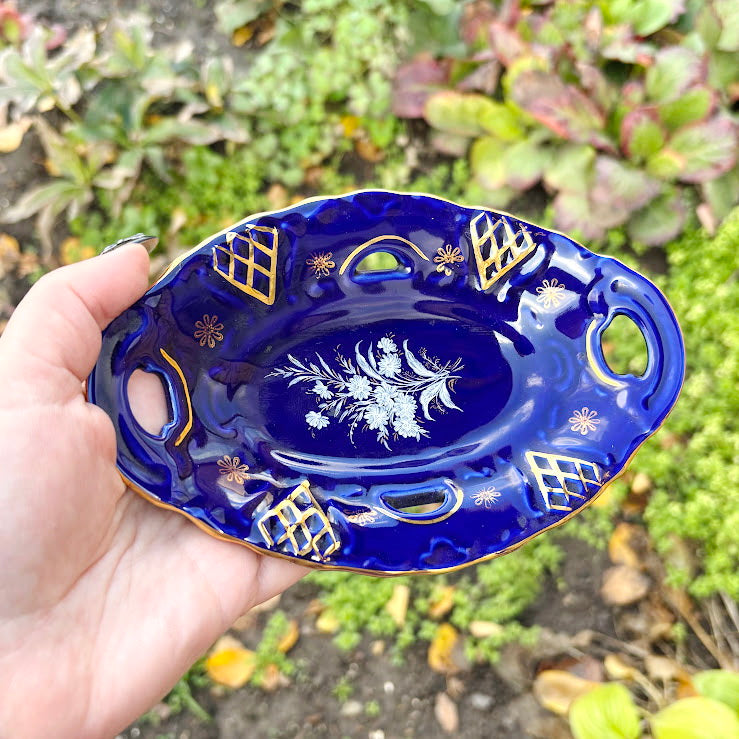 Vintage Cobalt Blue Porcelain Dish with Gold Details, Germany – Floral Handled Tray 7х4.7 inch