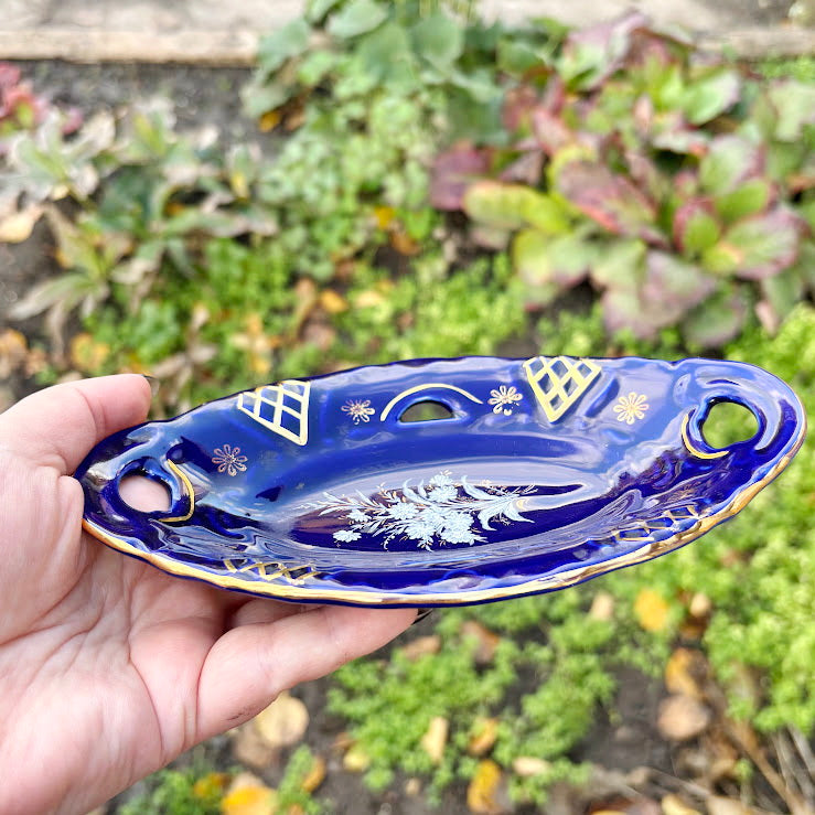 Vintage Cobalt Blue Porcelain Dish with Gold Details, Germany – Floral Handled Tray 7х4.7 inch