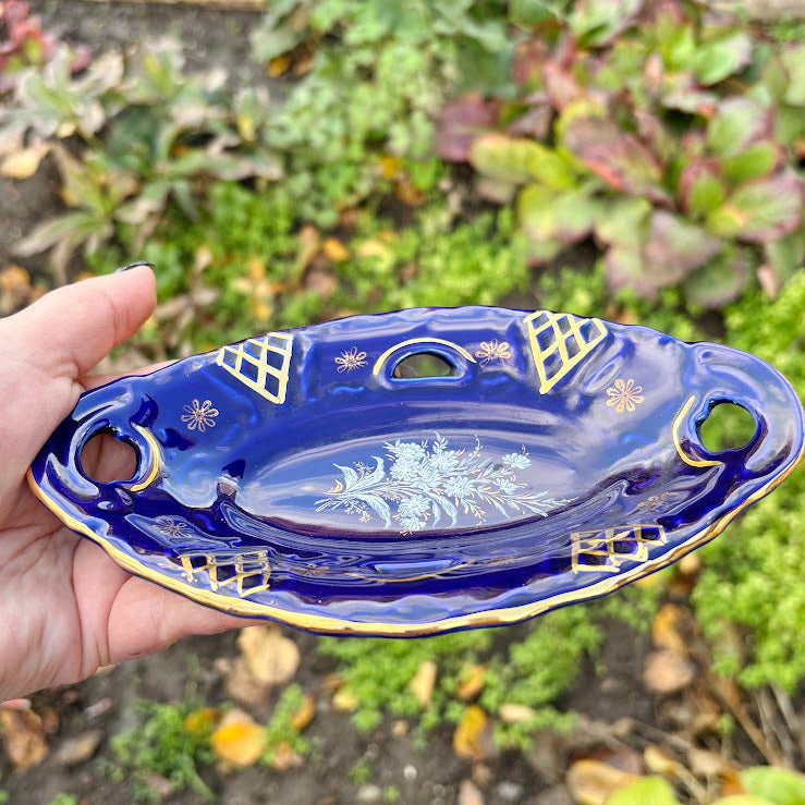 Vintage Cobalt Blue Porcelain Dish with Gold Details, Germany – Floral Handled Tray 7х4.7 inch
