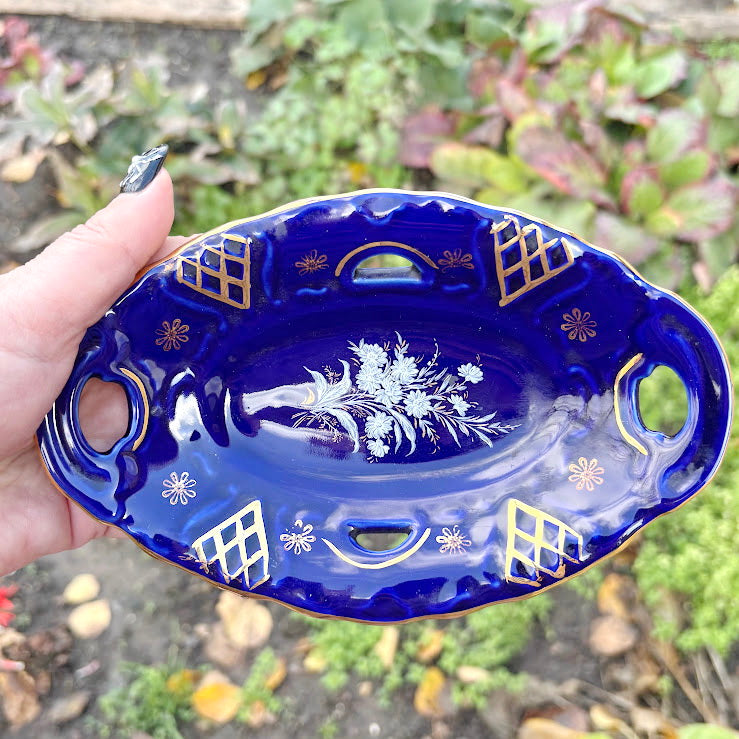 Vintage Cobalt Blue Porcelain Dish with Gold Details, Germany – Floral Handled Tray 7х4.7 inch
