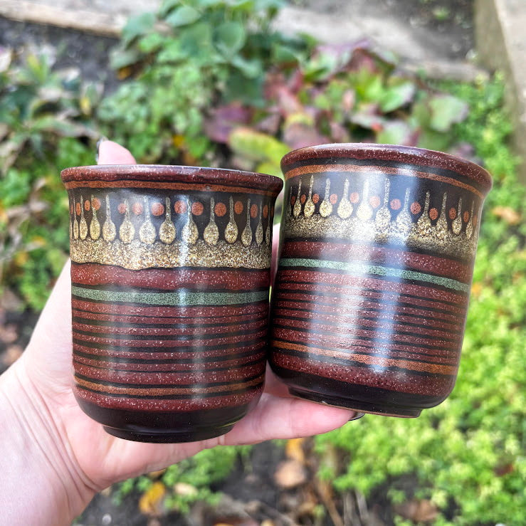 Vintage German Ceramic Cups – Textured Handcrafted Pottery Tumblers – Rustic Boho Drinkware Set – 1970s Artisan Stoneware