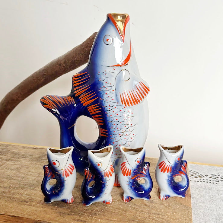 Vintage Soviet “Carp Family” Porcelain Decanter Set, Blue Fish Shaped Pitcher with 4 Shot Cups, USSR Folk Art Collectible