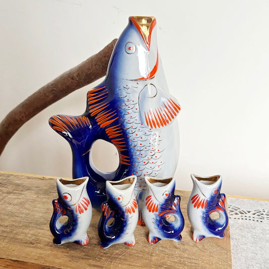 Vintage Soviet “Carp Family” Porcelain Decanter Set, Blue Fish Shaped Pitcher with 4 Shot Cups, USSR Folk Art Collectible