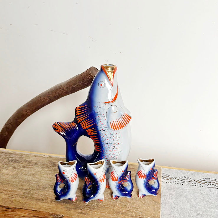 Vintage Soviet “Carp Family” Porcelain Decanter Set, Blue Fish Shaped Pitcher with 4 Shot Cups, USSR Folk Art Collectible