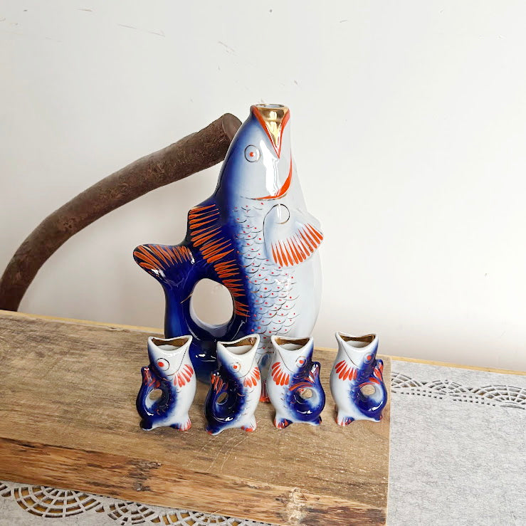 Vintage Soviet “Carp Family” Porcelain Decanter Set, Blue Fish Shaped Pitcher with 4 Shot Cups, USSR Folk Art Collectible