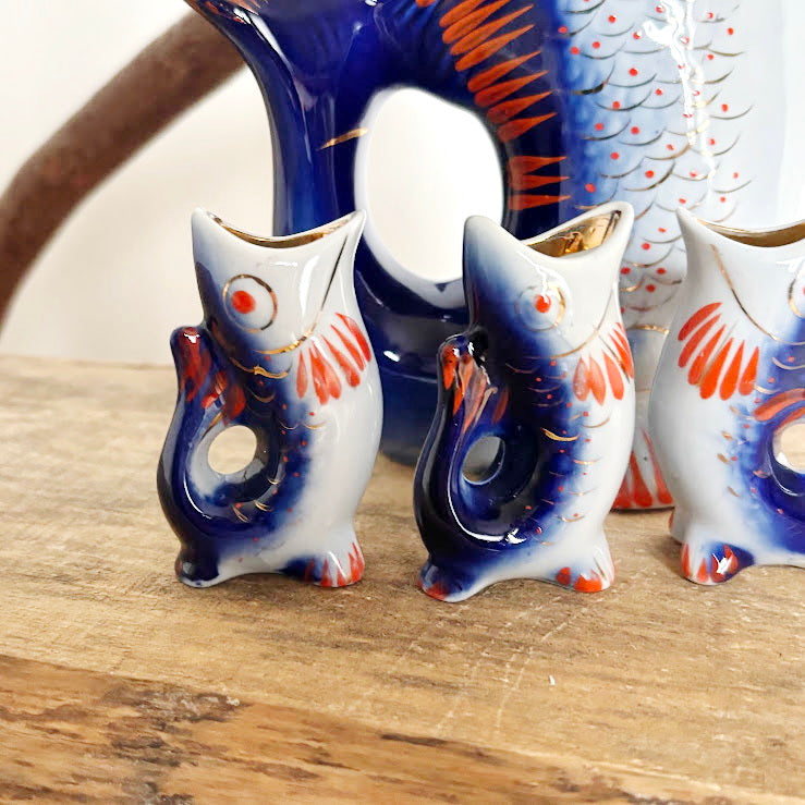 Vintage Soviet “Carp Family” Porcelain Decanter Set, Blue Fish Shaped Pitcher with 4 Shot Cups, USSR Folk Art Collectible