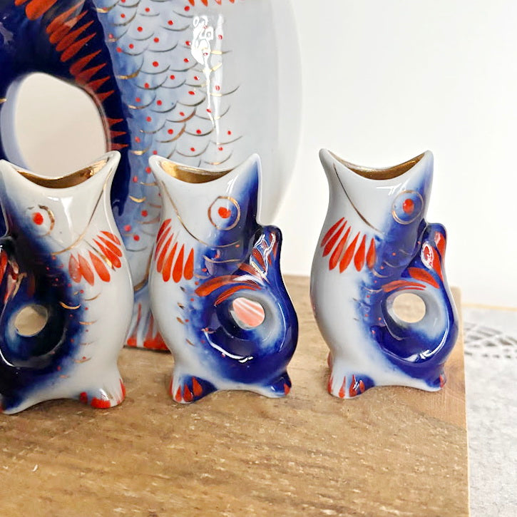 Vintage Soviet “Carp Family” Porcelain Decanter Set, Blue Fish Shaped Pitcher with 4 Shot Cups, USSR Folk Art Collectible