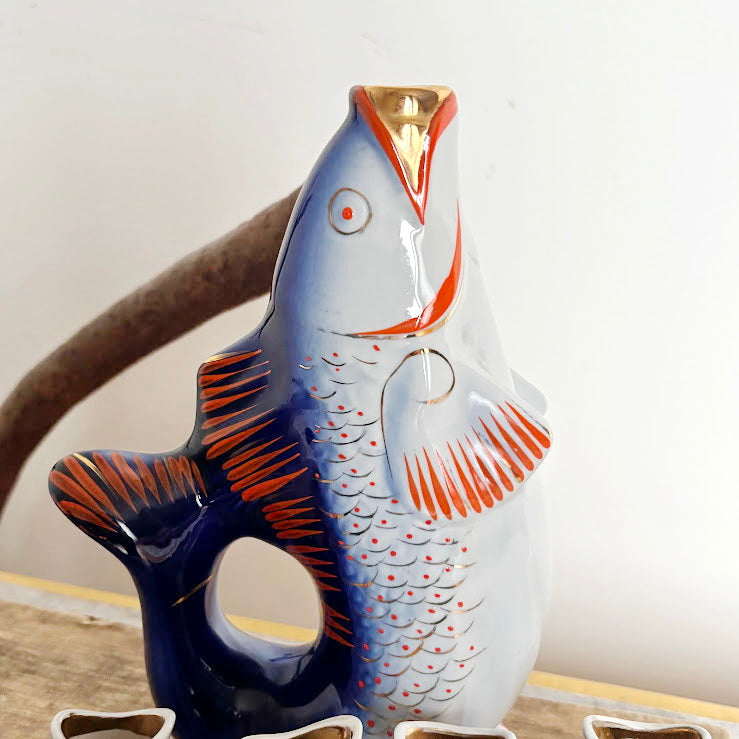Vintage Soviet “Carp Family” Porcelain Decanter Set, Blue Fish Shaped Pitcher with 4 Shot Cups, USSR Folk Art Collectible