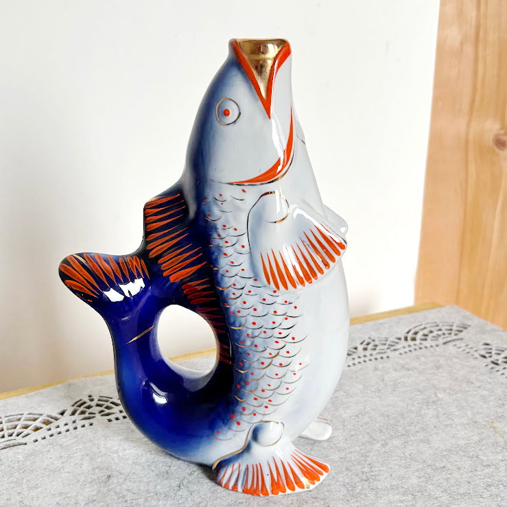 Vintage Soviet “Carp Family” Porcelain Decanter Set, Blue Fish Shaped Pitcher with 4 Shot Cups, USSR Folk Art Collectible